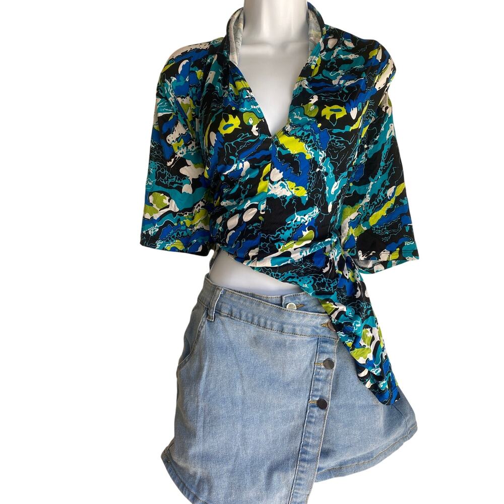 Y2K Double Take Women Plus 3X Floral Boho Tropical Resort Slinky Blouse Mermaid